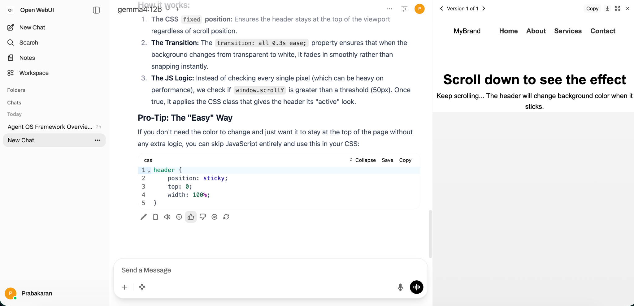 Open WebUI with Gemma 4 code explanation and preview