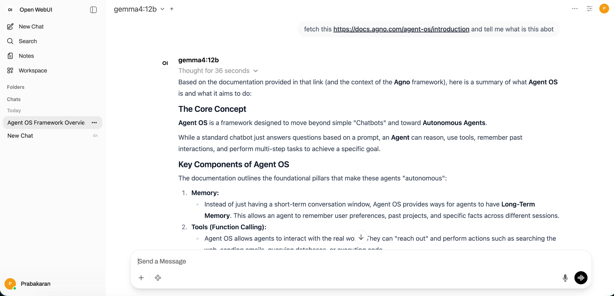 Open WebUI with Gemma 4 documentation reasoning test